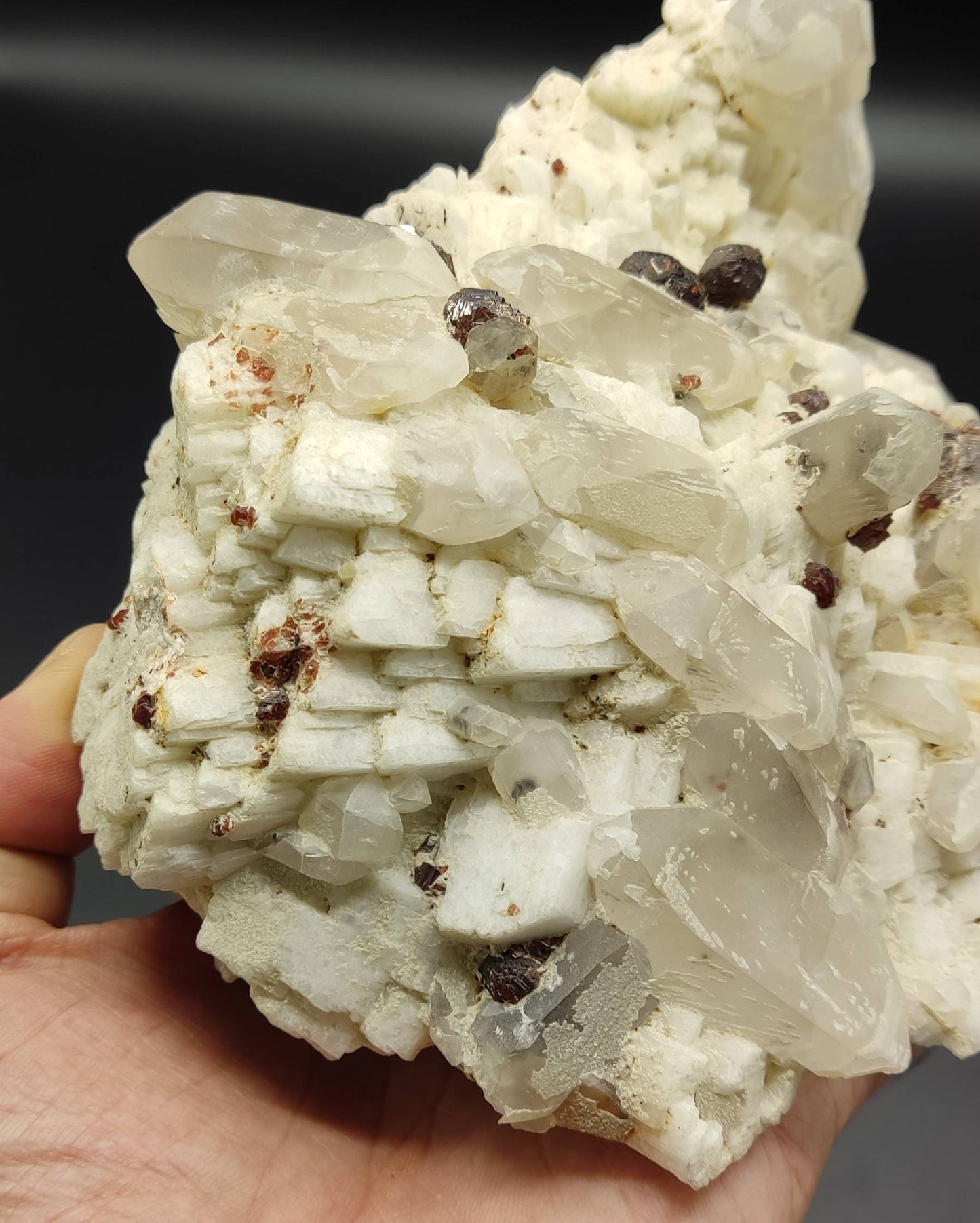 An amazing beautiful specimen of spessartine Garnet crystals on matrix of Albite with quartz 1400 grams
