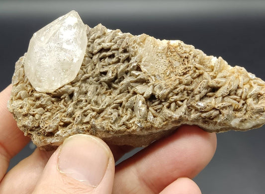 An amazing double terminated diamond like quartz crystal on matrix with calcite 74 grams
