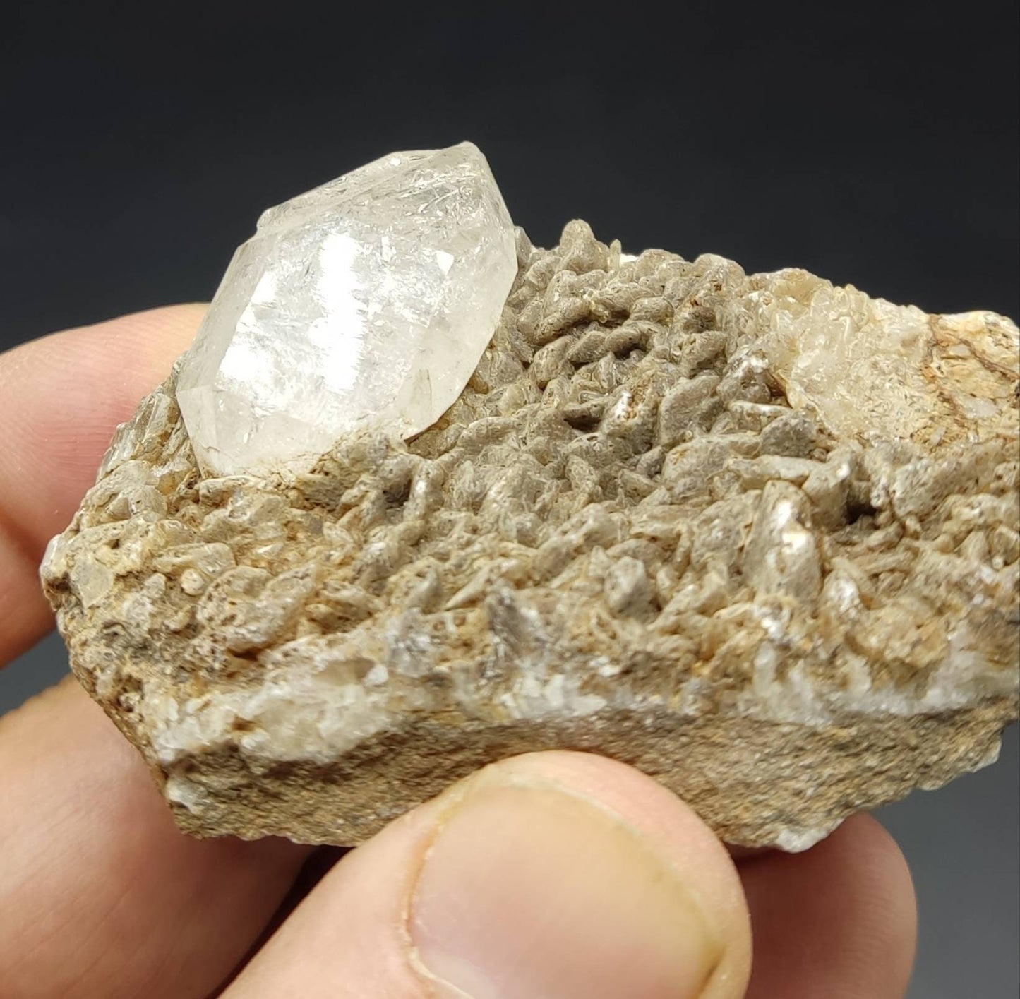 An amazing double terminated diamond like quartz crystal on matrix with calcite 74 grams