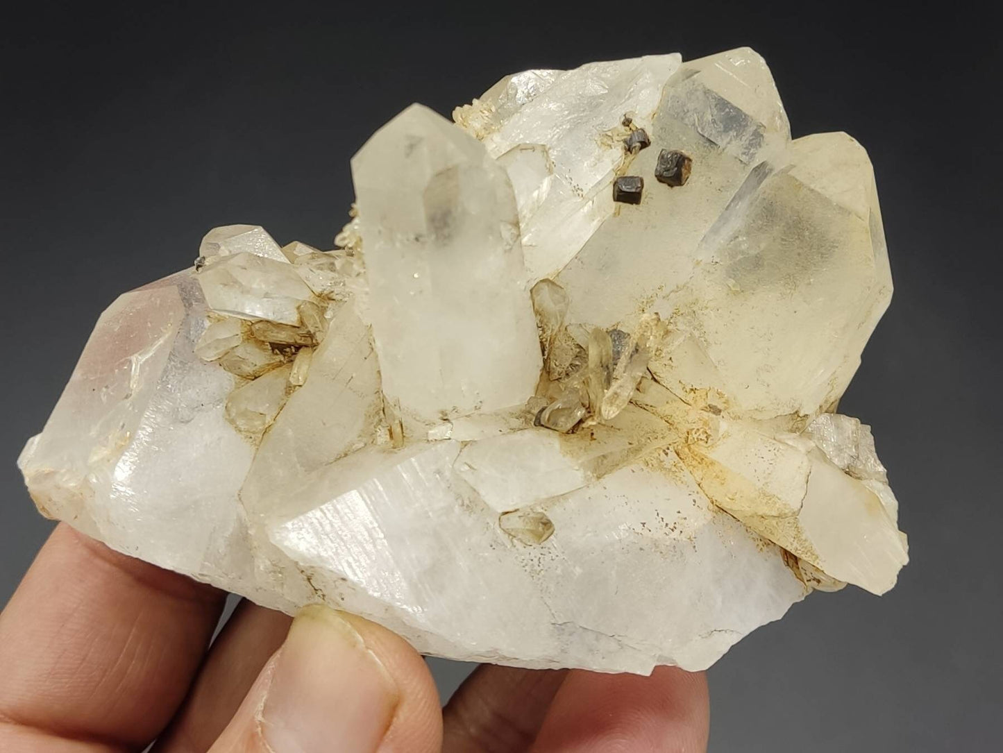 An amazing Aesthetic Natural Specimen of Terminated Quartz cluster with pyrite/lemonite 218 grams