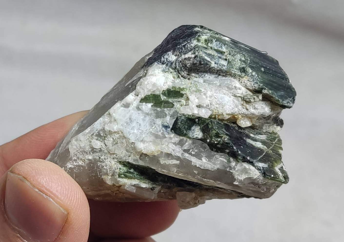 Dark green color Tourmaline crystal on quartz 88 grams