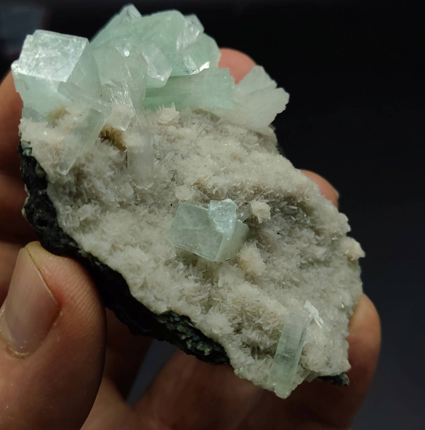 An aesthetic specimen of green apophyllite cluster with associated heulandite 112 grams