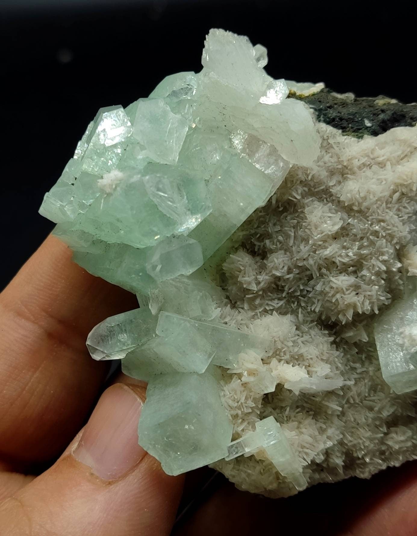 An aesthetic specimen of green apophyllite cluster with associated heulandite 112 grams