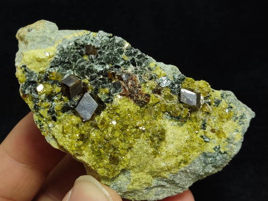 Andradite garnets on matrix with clinochlore and epidote 204 grams