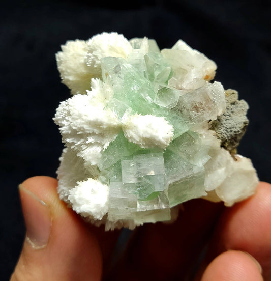 Green cubic apophyllite cluster with scolecite and stilbite 70 grams