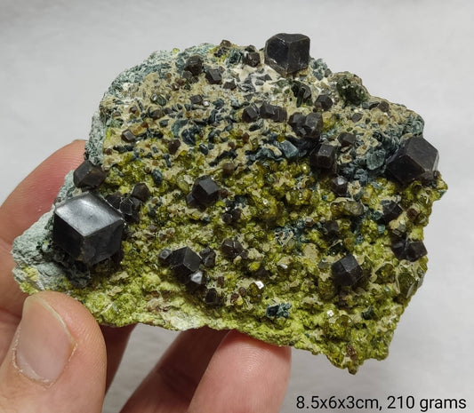Andradite garnet crystals on matrix with epidote and clinochlore aesthetic specimen 210 grams