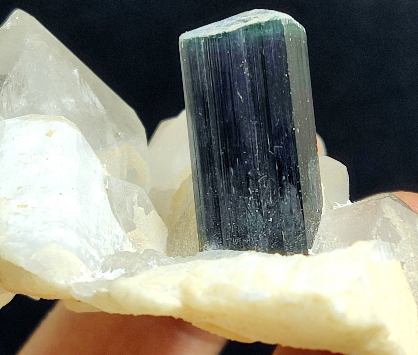 Single beautiful blue cap Tourmaline crystal specimen with Albite and terminated Quartz Crystals cluster 70 grams