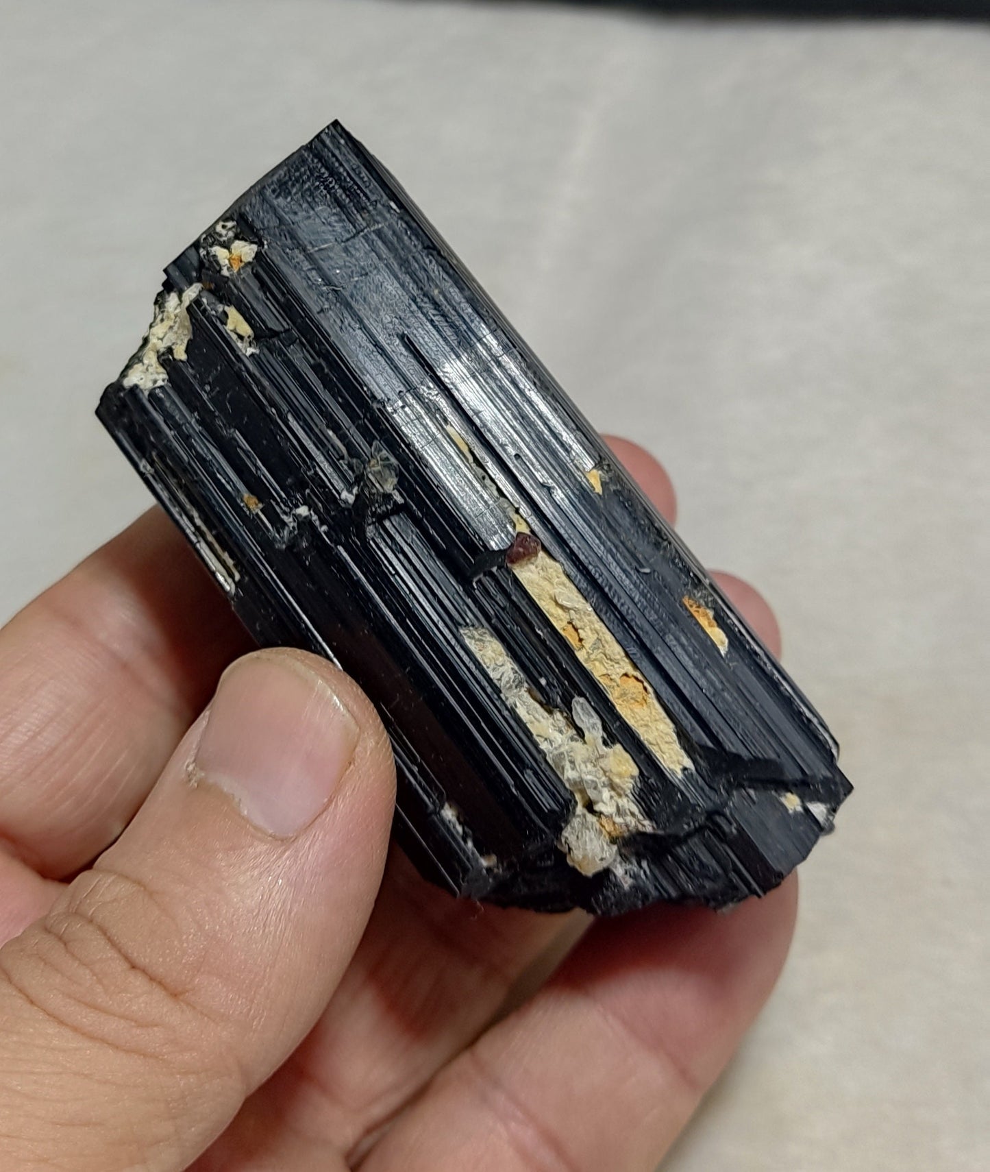 Natural black Tourmaline crystal with spessartine garnet inclusions 245 grams