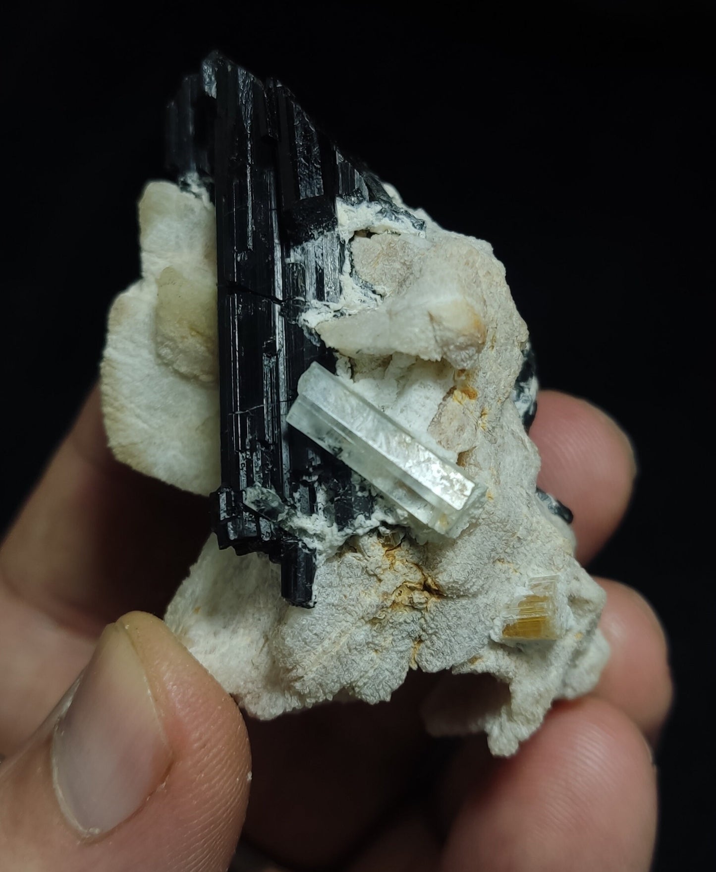 Natural Black Tourmaline & Aquamarine Crystal with Feldspar/Albite 74 grams